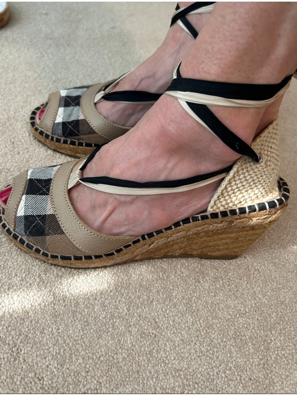 Burberry Tan Black Check Lace-Up Espadrille Wedges - Picture 7 of 7